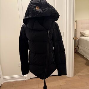 Mackage Black Hooded Puffer Jacket with Leather Trim